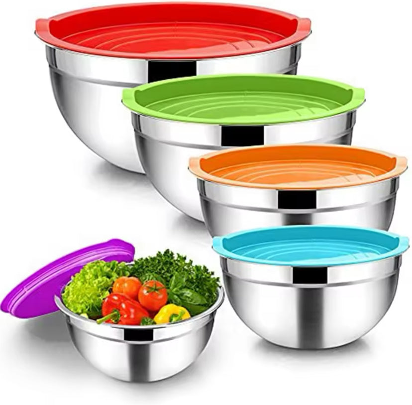 Set Of 5 Stainless Steel Mixing Bowl With Lid, Silicone Mixing Bowl Set, Salad Cooking Mixing Bowl, Stainless Steel Pots, Multifunctional Sealed Fresh Bowl Household, Kitchen Cooking Bowl Set Of 5 Stainless Steel Mixing Bowl With Lid, Silicone Mixing Bowl Set, Salad Cooking Mixing Bowl, Stainless Steel Pots, Multifunctional Sealed Fresh Bowl Household, Kitchen Cooking Bowl